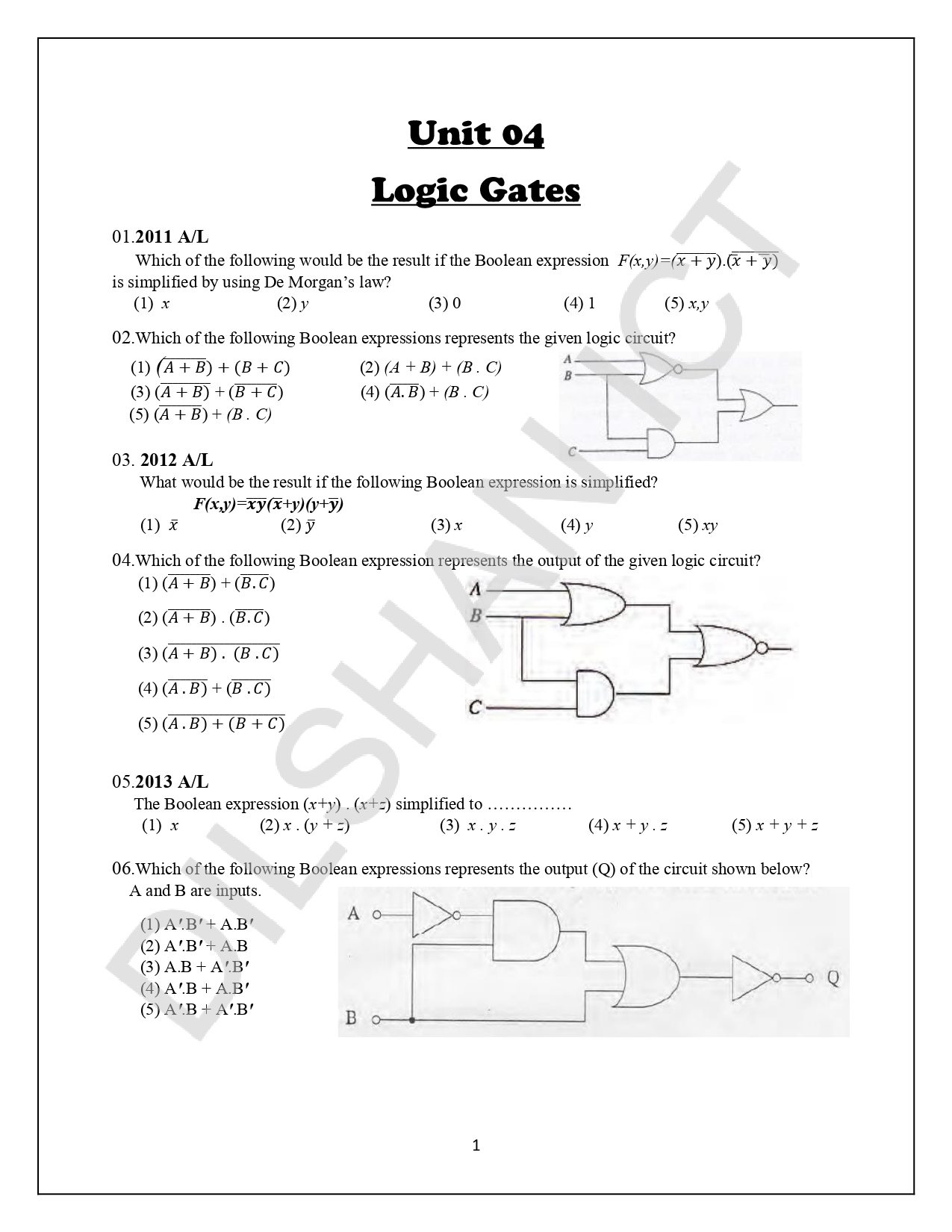 Logic Gate Past Paper Questions (EM)
